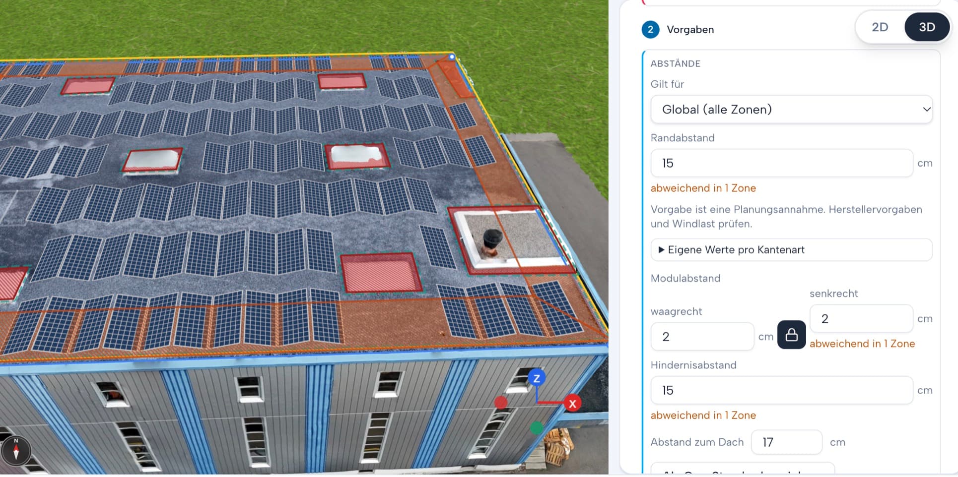 Roofy 3D-Modell eines Flachdachs mit geplanter PV-Modulbelegung und dem Solar-Panel im Browser