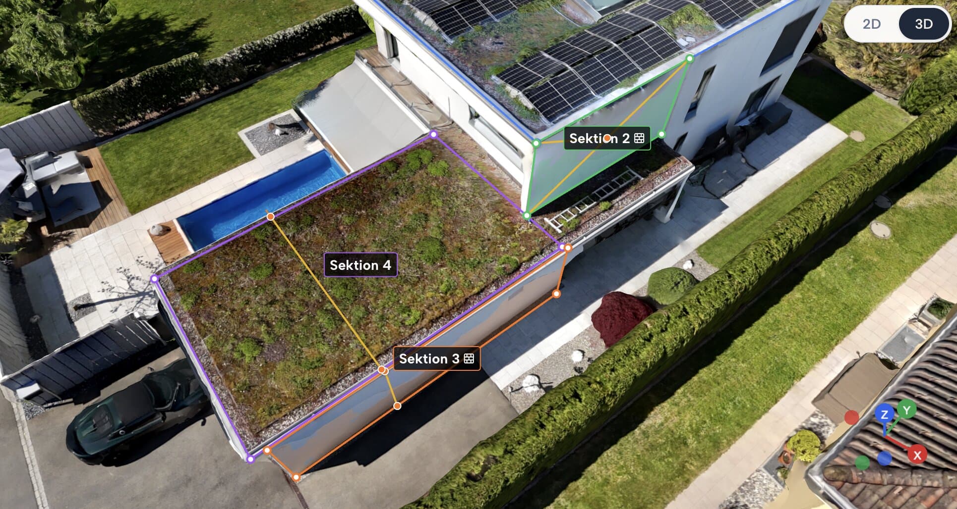 Roofy 3D model of a roof with 3D measurement overlaid